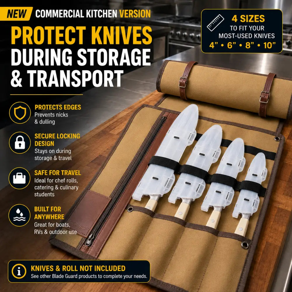 Tan canvas blade guard knife roll with brown leather straps and black elastic bands holding four white knife edge guards