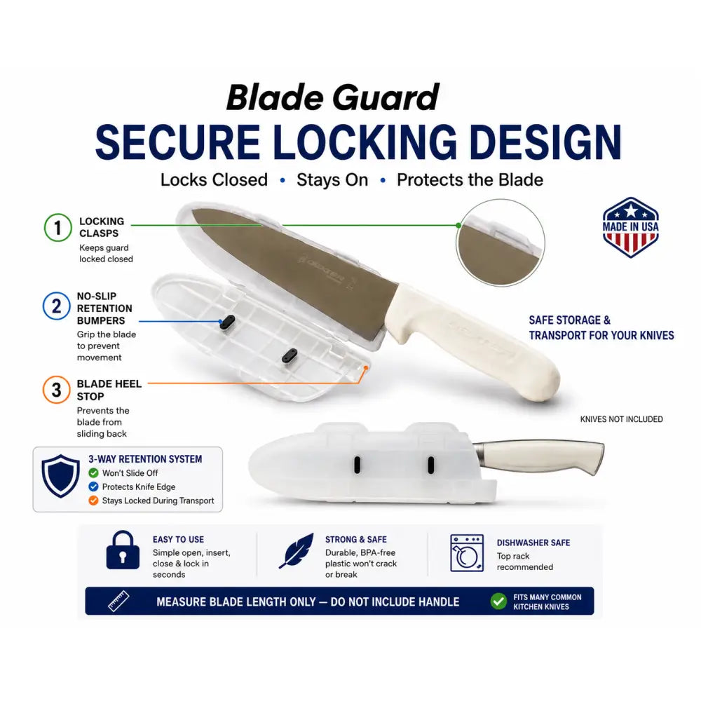 White plastic knife edge guard with locking design for safe storage made in usa blade guard 10 inch protector