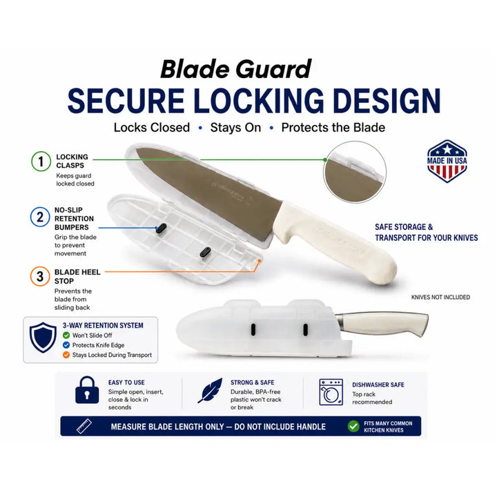 White plastic knife edge guard with locking design for safe storage made in usa blade guard 10 inch protector