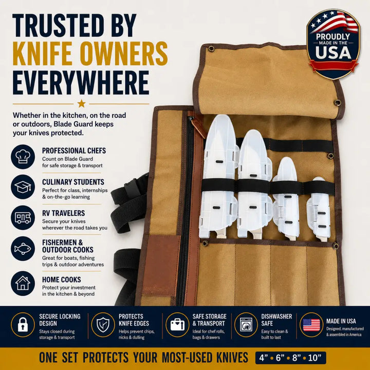 Tan canvas knife roll with white plastic blade guard and black straps for safe knife edge storage made in usa
