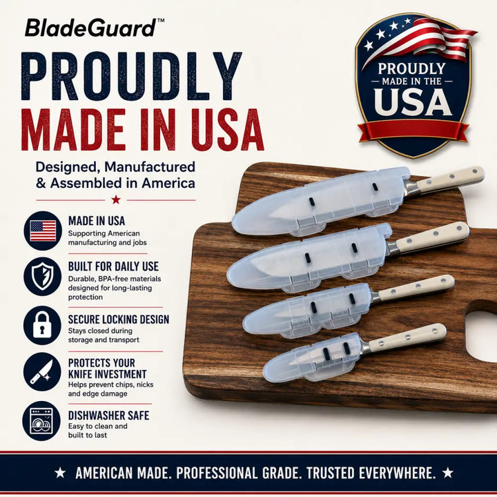 Clear plastic blade guard with white handles 10 inch locking knife edge protector dishwasher safe made in USA