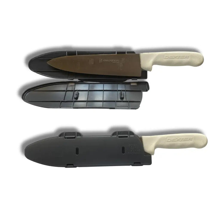 Dexter-ridge chef’s knife with brown blade and cream handle in black blade guard knife edge protector sheath