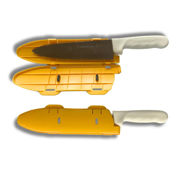 Dexter blade guard knife edge protector with white handle black blade in bright yellow plastic sheath for safe storage
