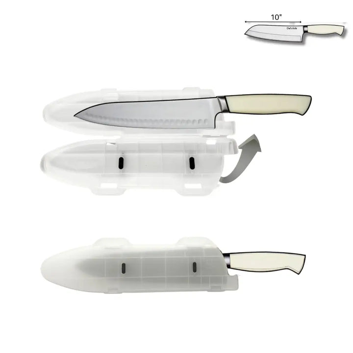Cream-colored handle blade guard with sleek modern design and stainless steel knife edge protector blade guard