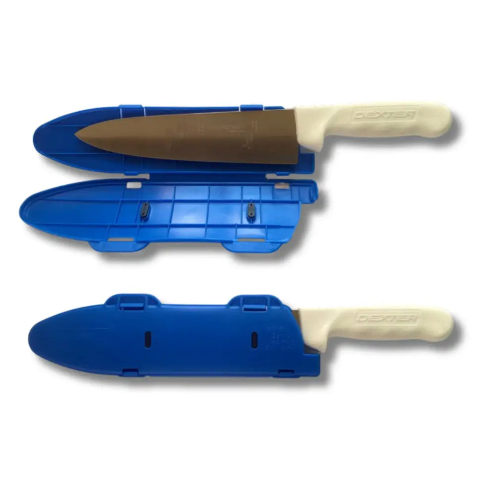 Blue plastic blade guard with beige handle and brown blade branded dex for 10 inch knife edge protection