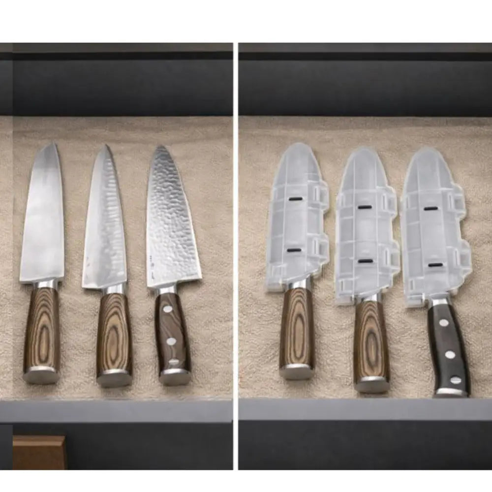 Set of three wooden-handled kitchen knives with stainless steel blades and clear plastic blade guard sheaths