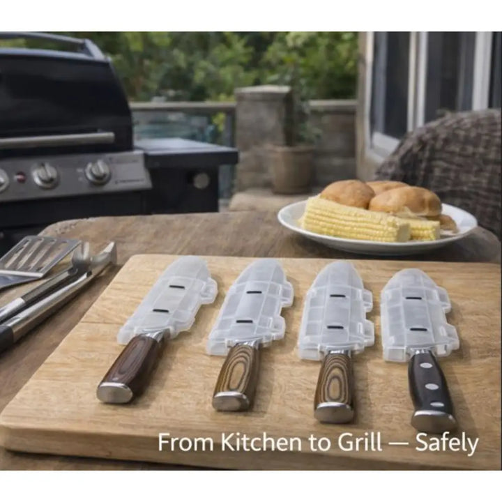 Four knives with wooden and black handles fitted with clear plastic blade guard 10 inch knife edge protectors