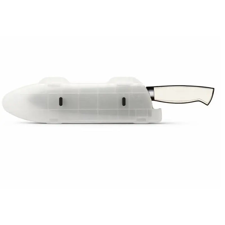 Blade guard 10 inch knife edge protector with translucent white plastic sheath and black magnetic strip holding a knife