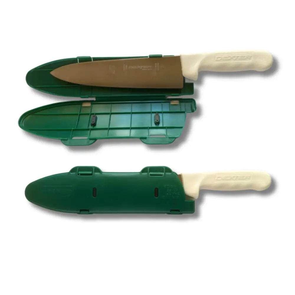 Blade guard 10 inch green plastic knife edge guard holding beige handle chef knife with brown blade in sheath