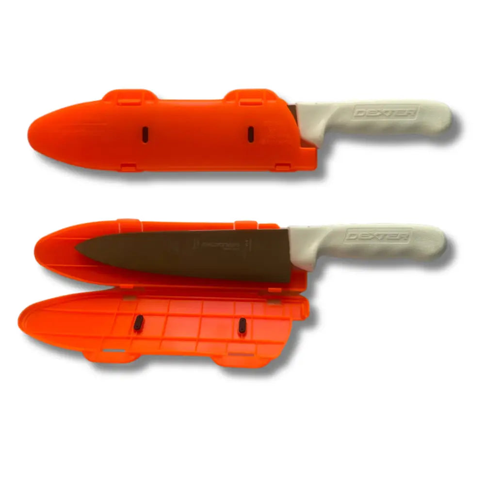 Bright orange plastic blade guard with white dexter knife edge guard handle for 10 inch knife blade protector