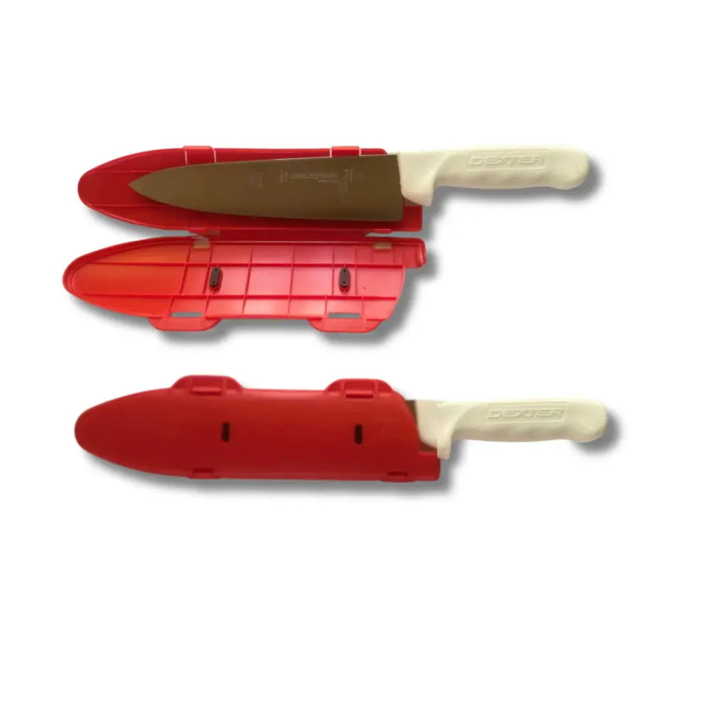 Blade guard 10 inch knife edge protector with red plastic sheath beige handle and metallic blade for safe storage