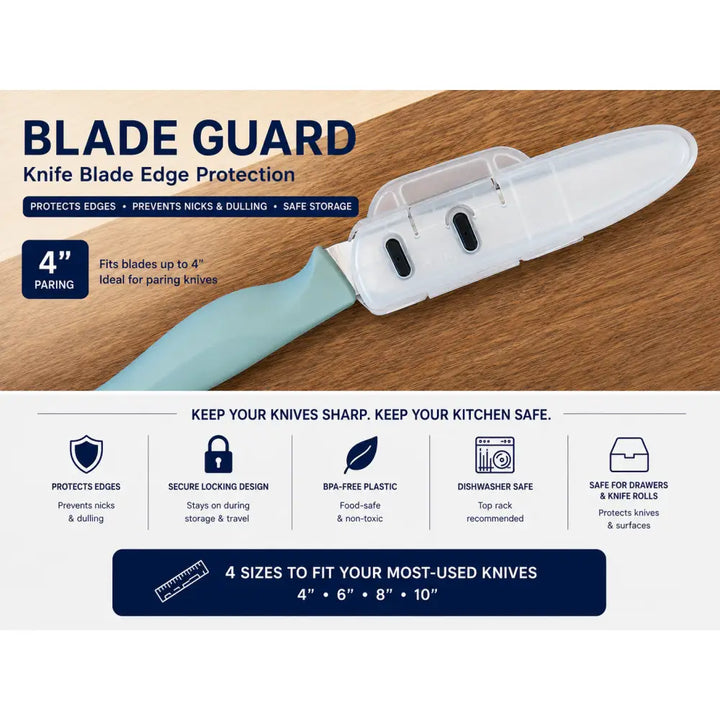 Clear plastic blade guard with light blue handle locks to protect 4-inch paring knife edge made in usa
