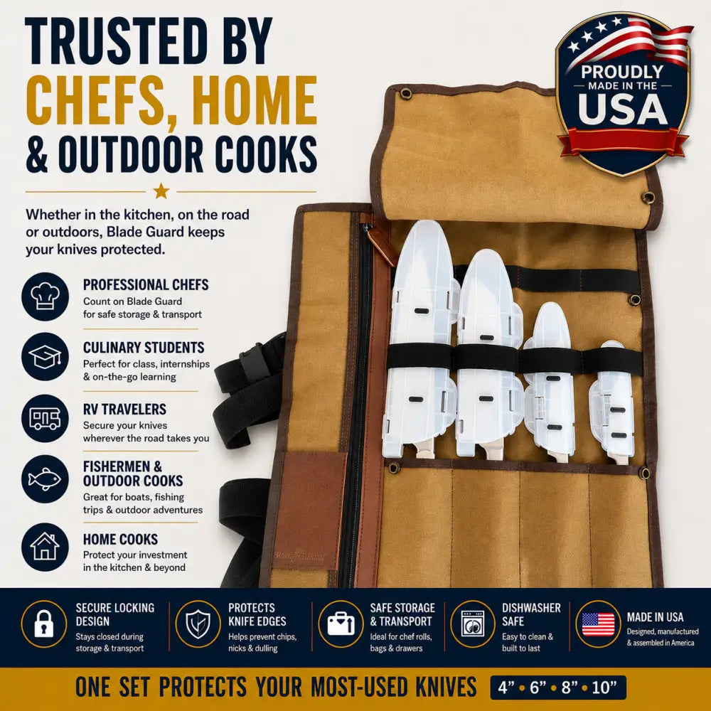 Tan canvas knife roll with white plastic blade guards and black straps for secure knife edge storage usa made