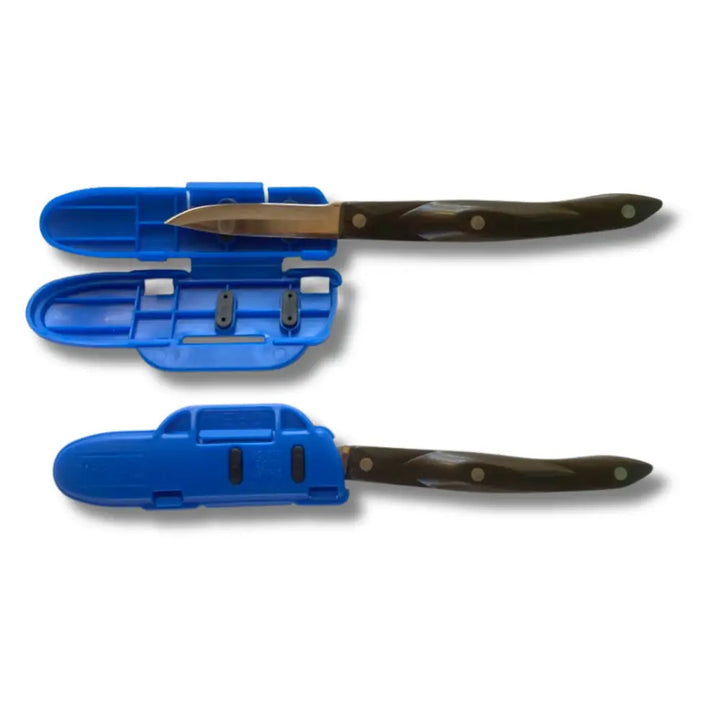 Blade guard 4 inch knife edge protector with dual blades dark brown handles and blue plastic guard sheath with blade slots