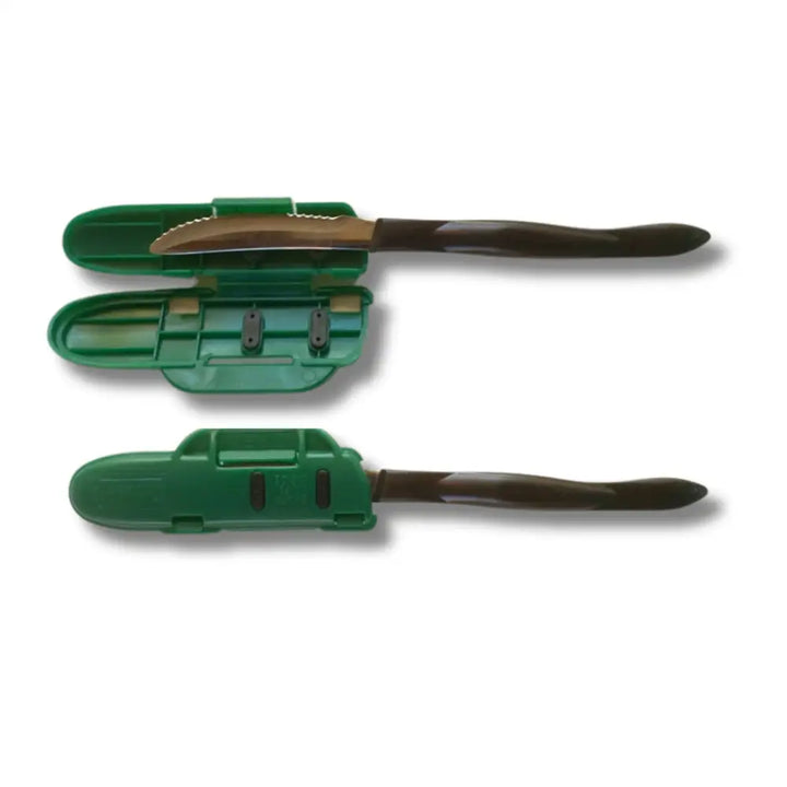 Blade guard™ 4 inch knife edge protector with green plastic retractable guard and dark brown handles for safe storage