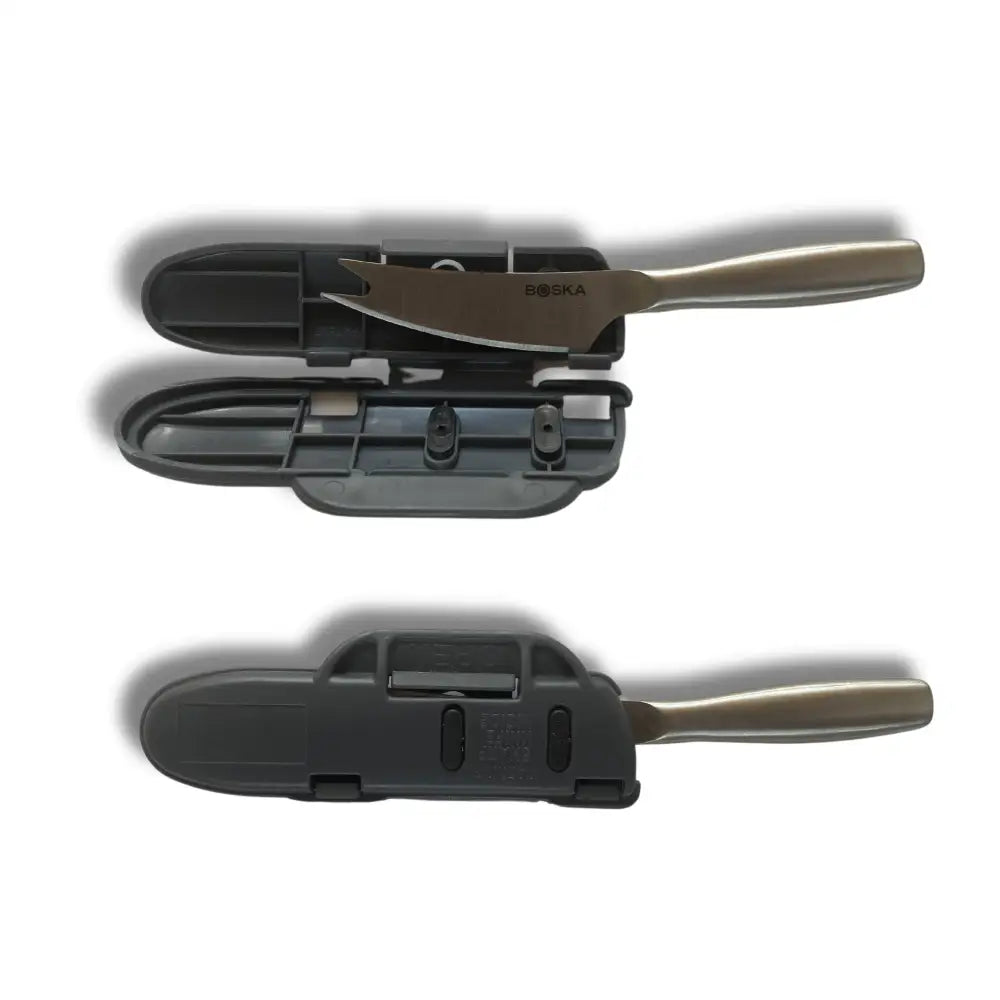 Silver cheese knife with matte handle in black plastic blade guard edge protector for knife edge safety