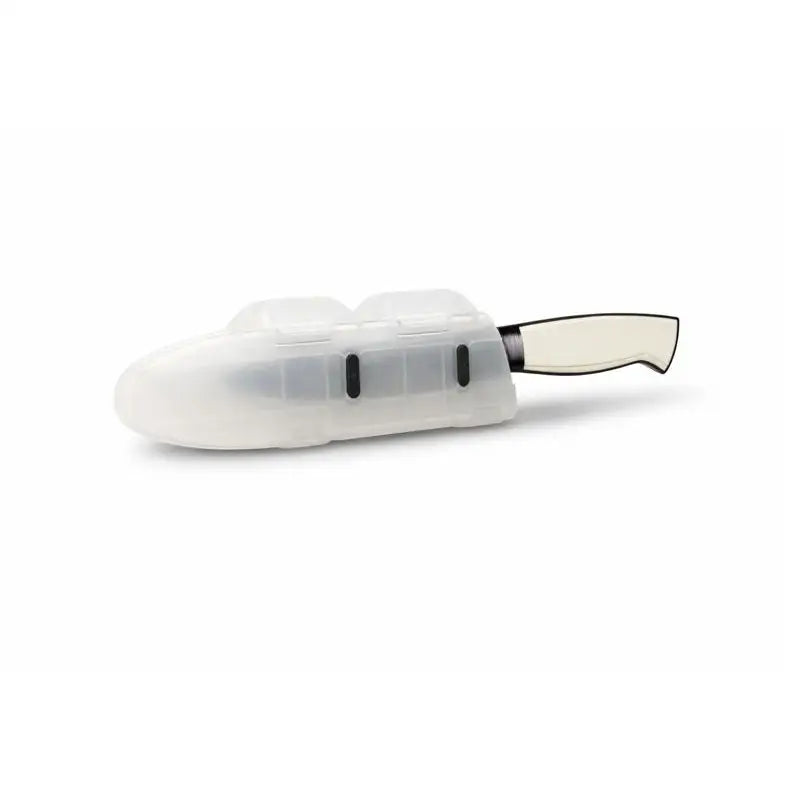 Transparent silicone blade guard with black accents snugly protects the knife edge of a white-handled kitchen knife