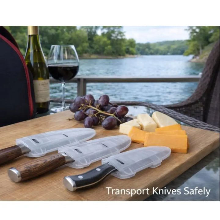 Three knives with wooden and black handles protected by clear blade guard 4 inch knife edge protectors for safe transport