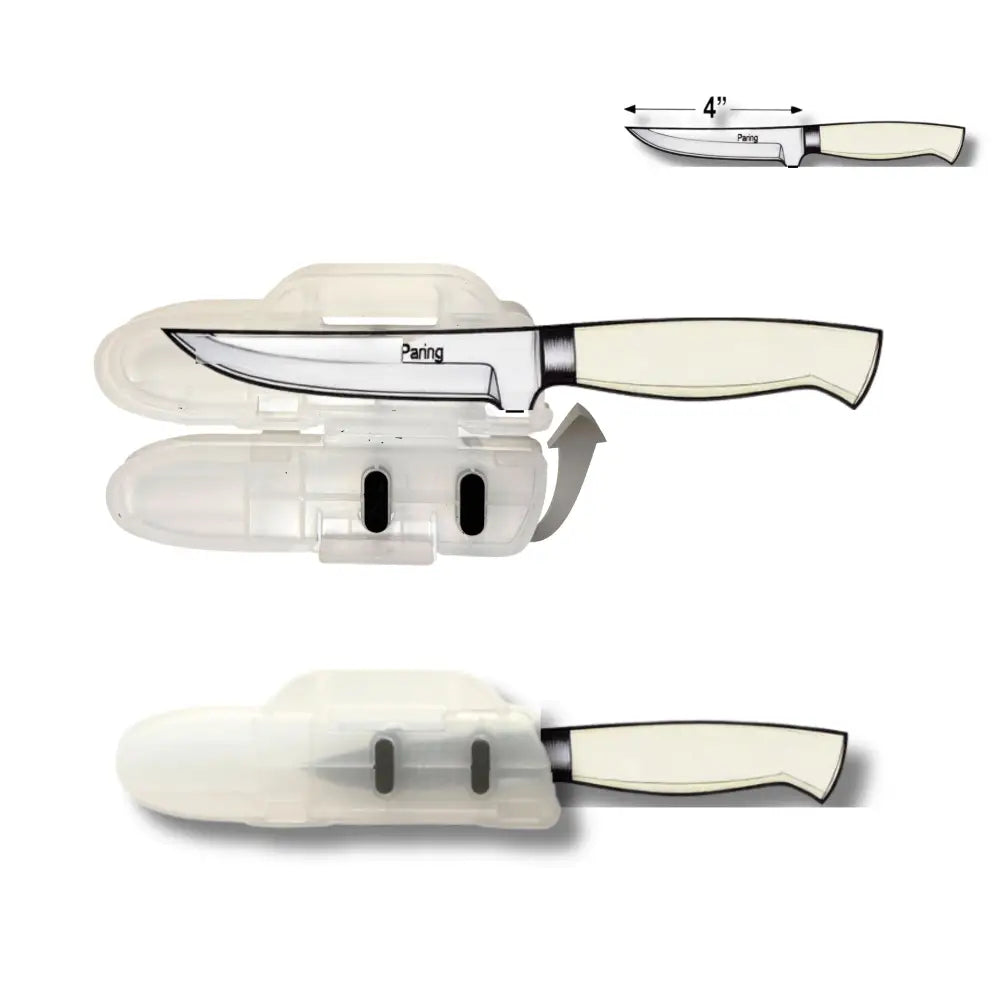Cream-colored handle paring knife with stainless steel blade featuring a blade guard edge protector