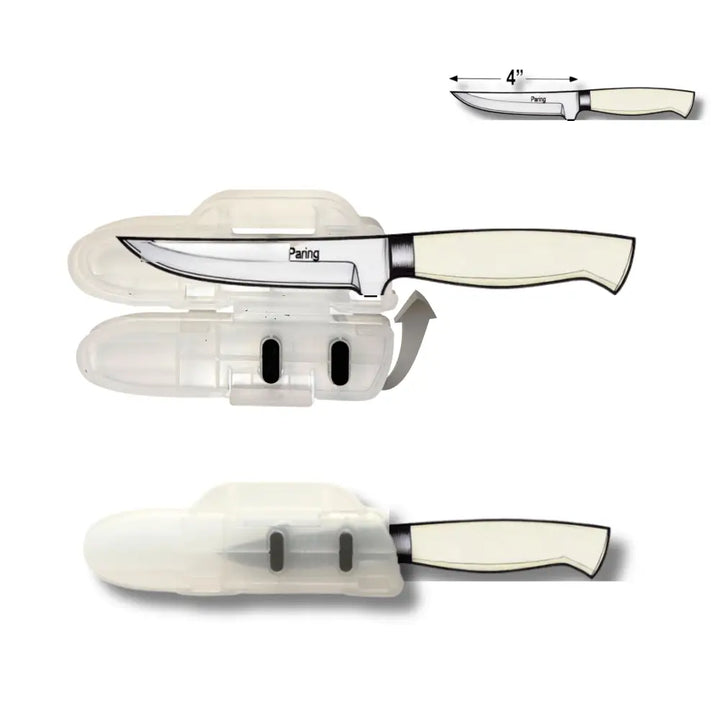 Cream-colored handle paring knife with stainless steel blade featuring a blade guard edge protector