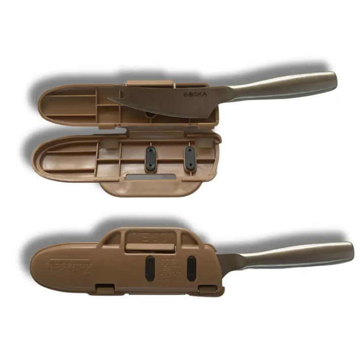 Tan plastic blade guard with stainless steel knife edge and boska engraved handle for blade protection