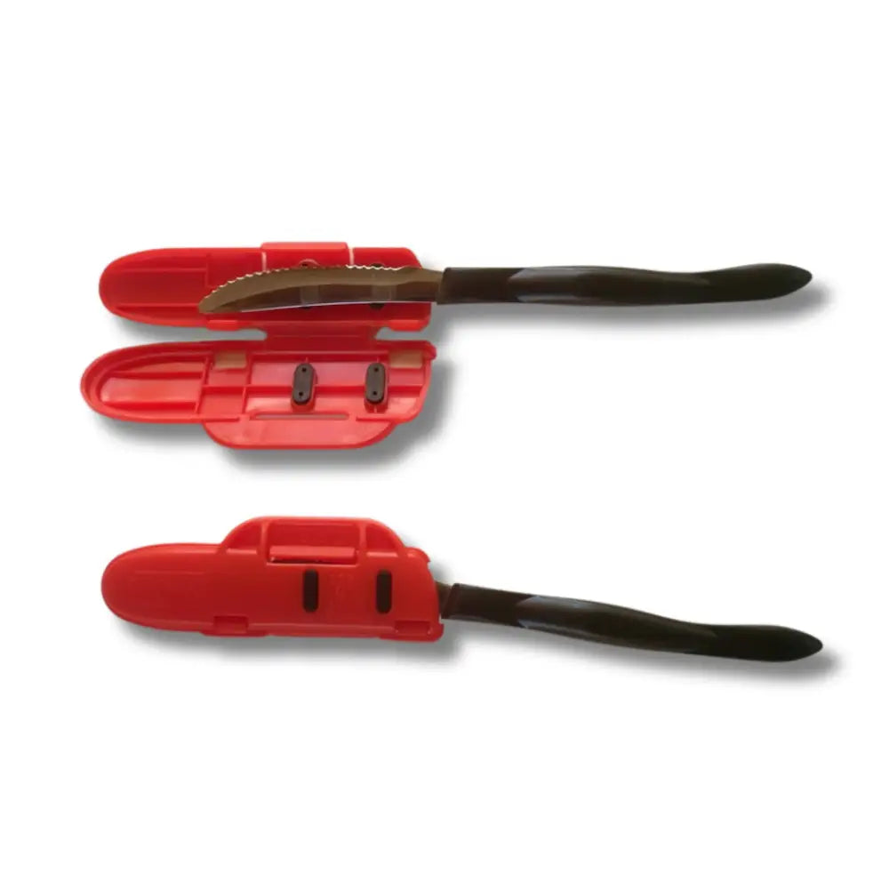 Blade Guard™ 4 inch red plastic knife sheath with black handle and serrated blade edge protector guard