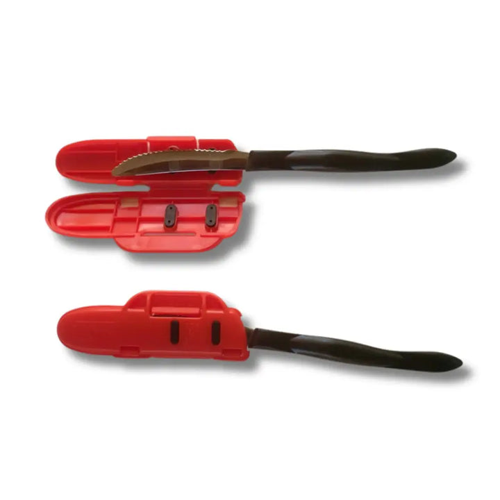Blade Guard™ 4 inch red plastic knife sheath with black handle and serrated blade edge protector guard