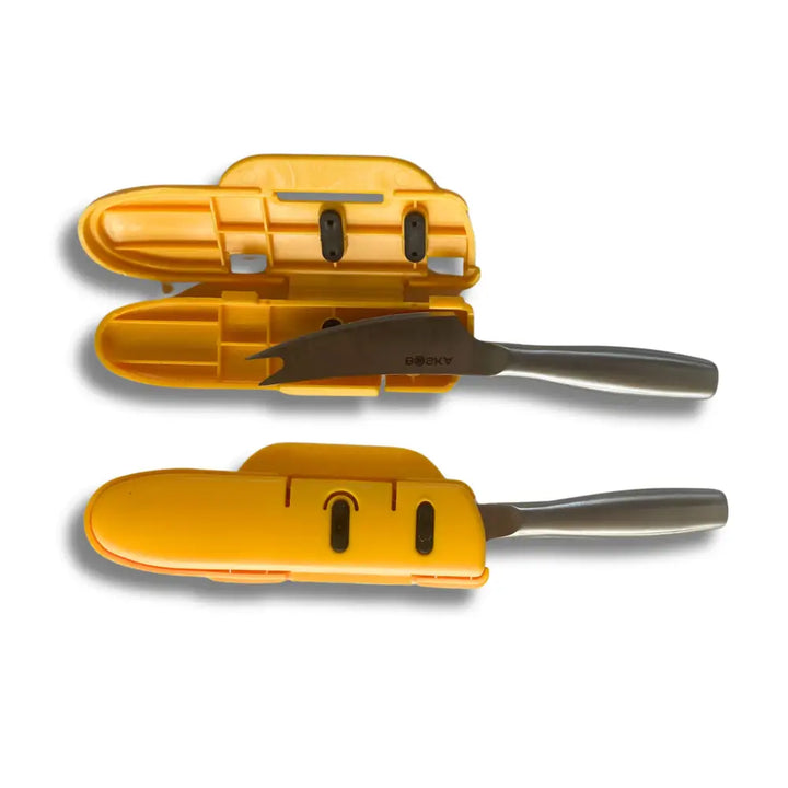 Blade Guard™ 4 inch stainless steel cheese knife with curved blade and bright yellow plastic edge guard sheath