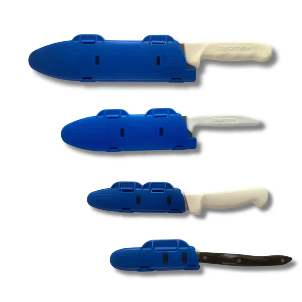 Set of four blue plastic blade guards with cream and black handles for knife edge protection in the blade guard™ chef set
