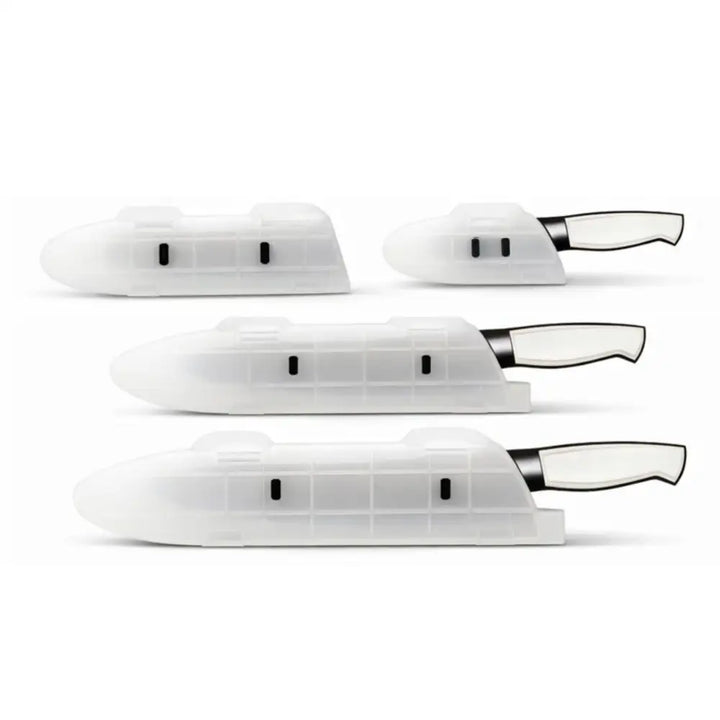 Set of three white ceramic blade guard knife edge guards with black accents holding matching white knives in sheath