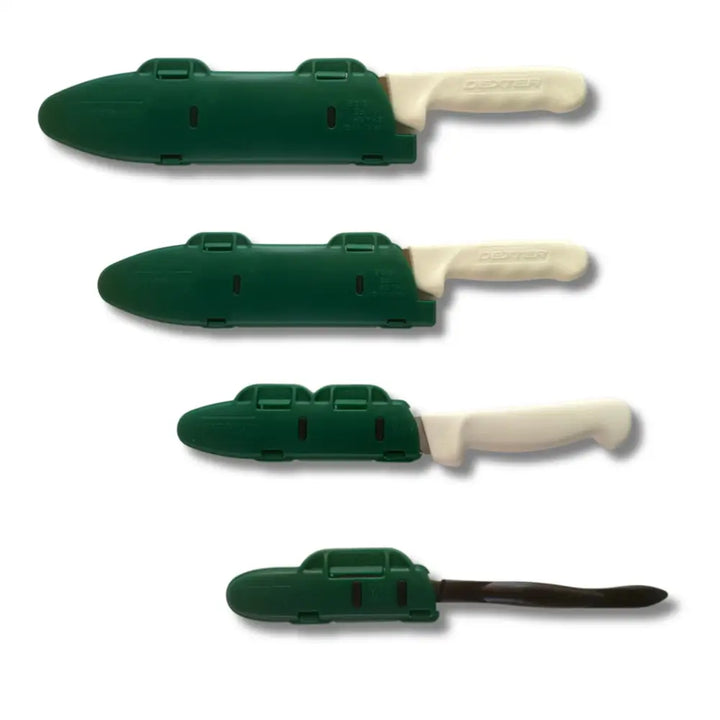 Blade Guard 4-piece chef’s knife protector set with green plastic blade edge guards and cream and black handles