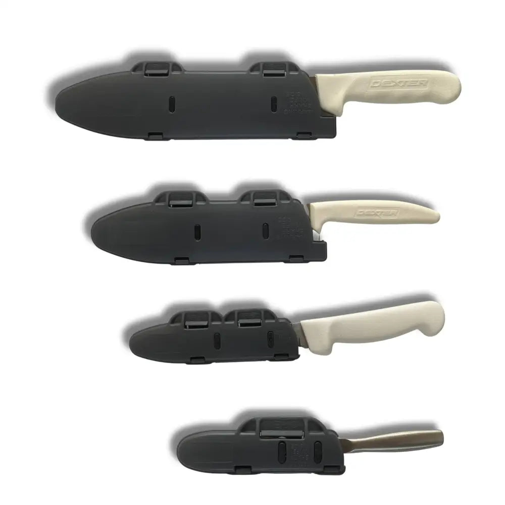 Set of four dexter-ridge kitchen knives with cream handles and black plastic blade edge knife edge guards
