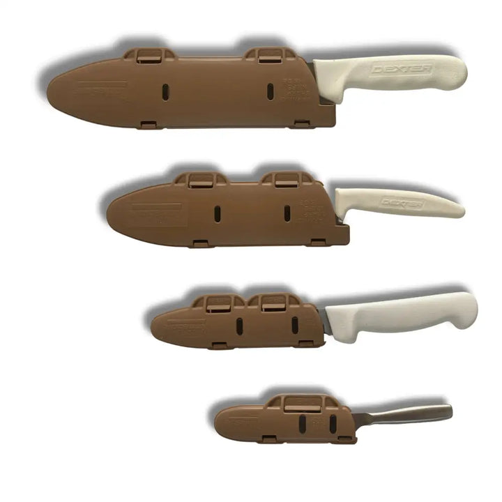 Set of four blade guard™ chef knives with white plastic handles and brown knife edge guards for blade protection