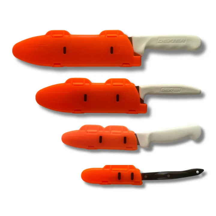 Set of four dexter-ridge chef knives with bright orange plastic blade edge guards and white or black handles