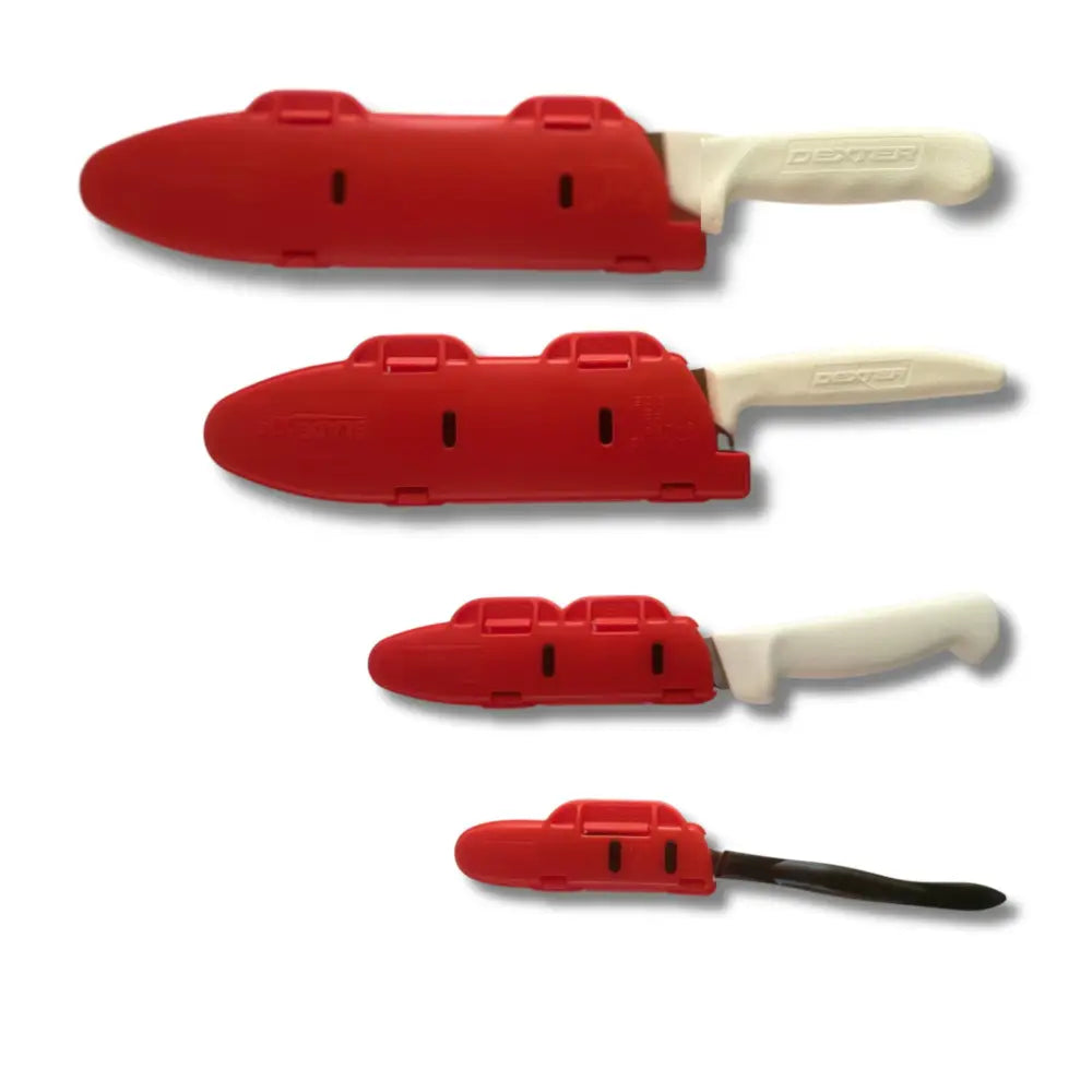 Set of four red plastic blade guards with white and black handles for knife edge protection in the Blade Guard™ set