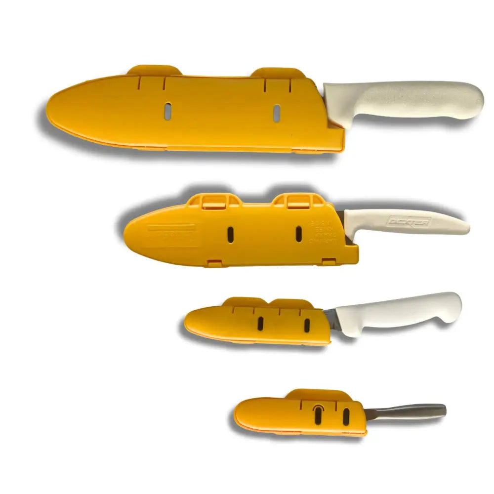 Set of four chef knives with white silver handles in bright yellow plastic blade edge guard sheaths for protection