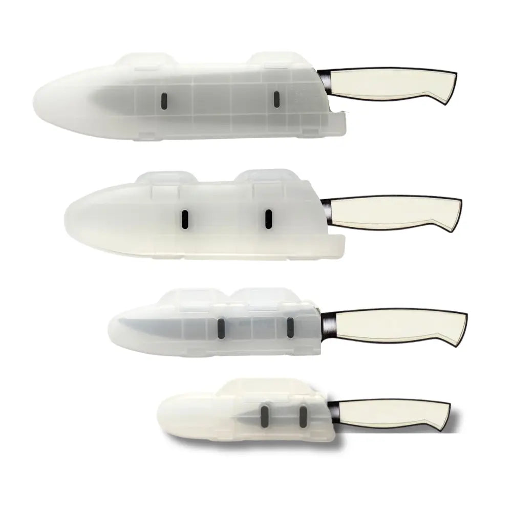 4-piece white-handled chef knives with translucent blade edge guards