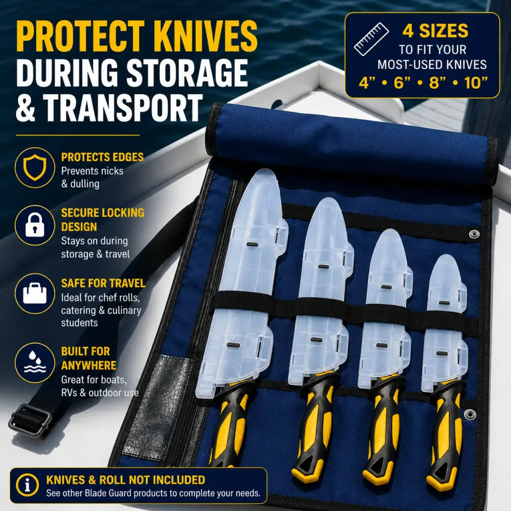 Blue knife roll holding four black and yellow handled knives with clear blade edge guards from blade guard set made in usa