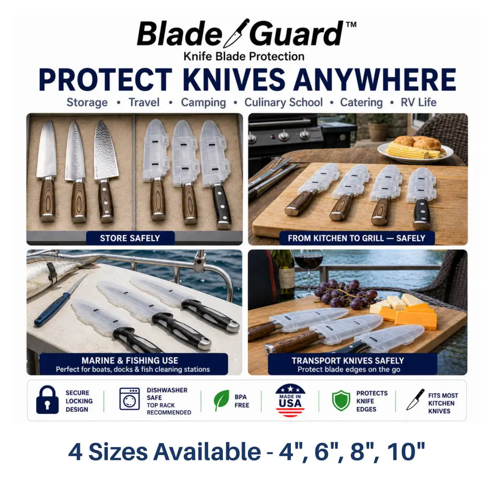 Blade guard 4-piece clear plastic knife edge guard set with secure locking design and snug fit for standard handles made in usa