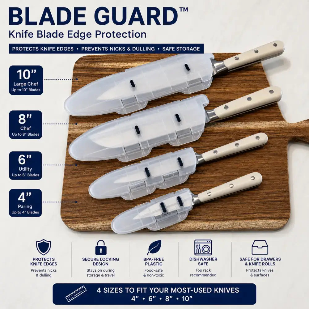 Clear plastic blade guard with beige handle made in usa protects and safely stores 6-inch knife edge blades