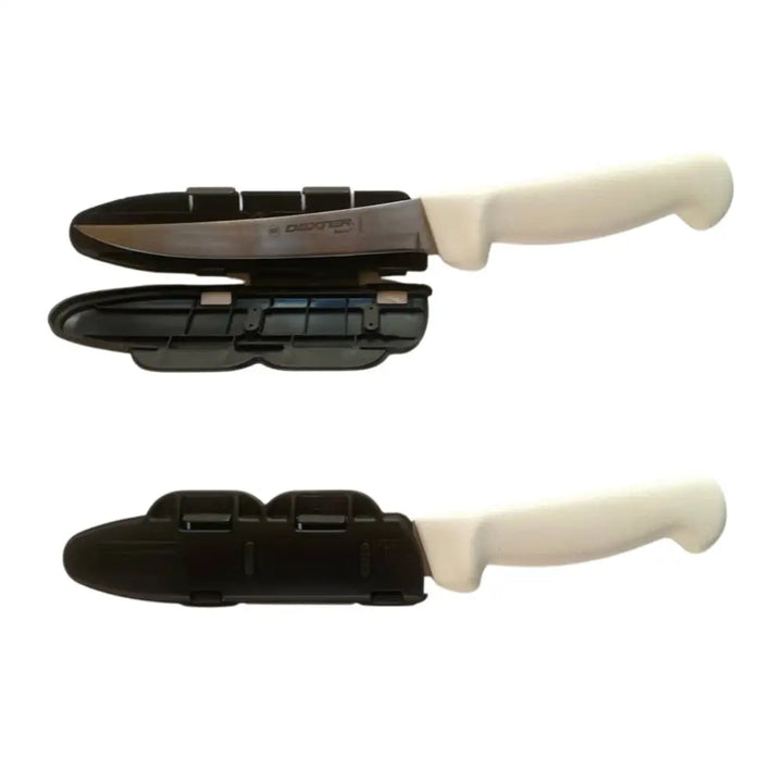 Blade guard 6 inch knife blade edge protector with white handle stainless steel blade in black plastic sheath
