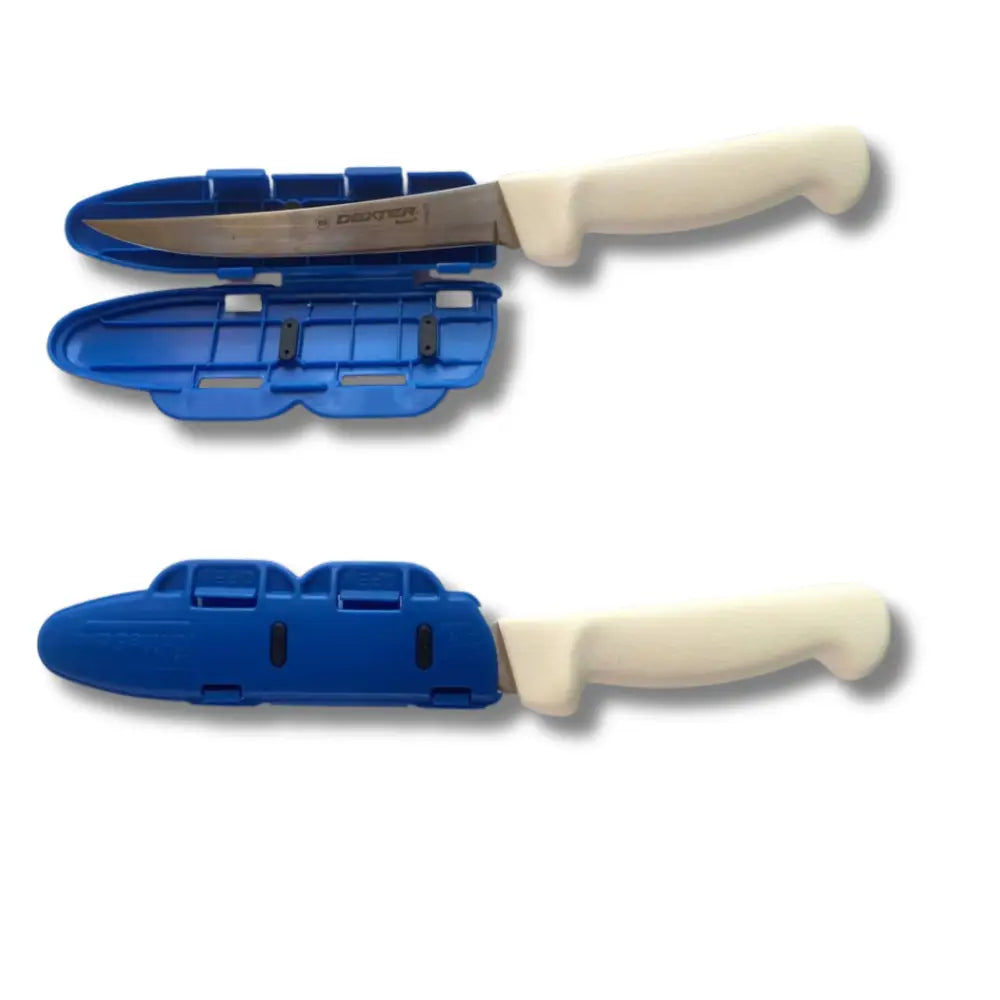 Blade guard 6 inch knife blade edge protector with blue plastic sheath white handle and stainless steel blade for secure storage