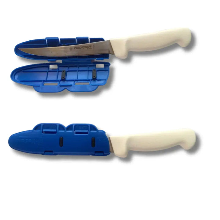 Blade guard 6 inch knife blade edge protector with blue plastic sheath white handle and stainless steel blade for secure storage