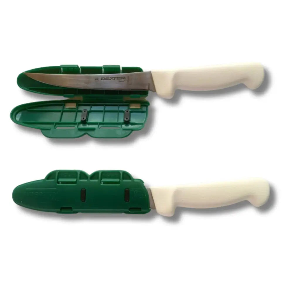 Blade guard 6 inch knife blade edge protector with cream handle and stainless steel blade in green plastic sheath