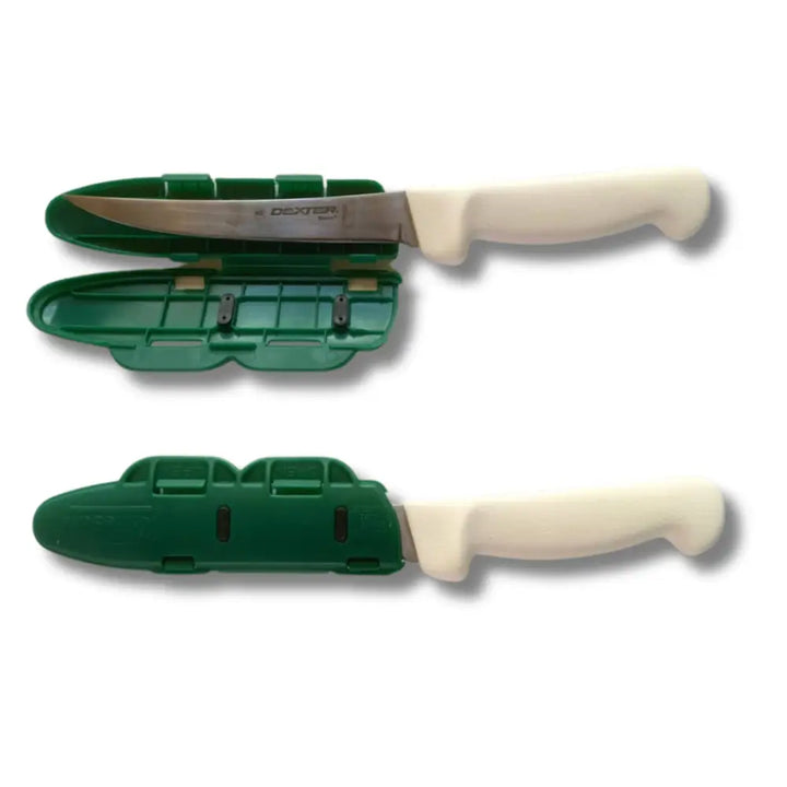 Blade guard 6 inch knife blade edge protector with cream handle and stainless steel blade in green plastic sheath