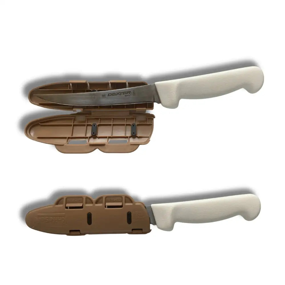 Dexter chef knife with white handle and stainless steel blade in tan plastic sheath blade guard 6 inch edge protector