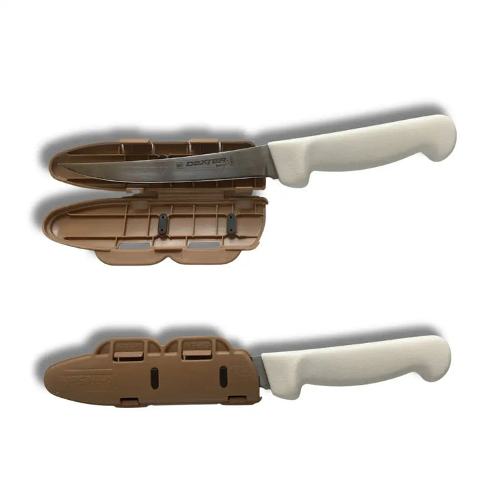 Dexter chef knife with white handle and stainless steel blade in tan plastic sheath blade guard 6 inch edge protector