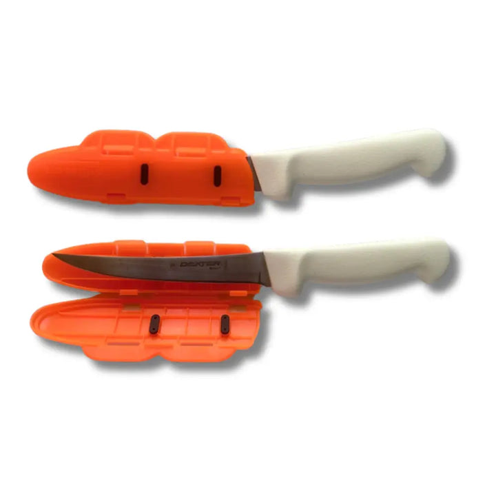 Orange plastic sheath with white handle and stainless steel blade knife edge protector from blade guard 6 inch set