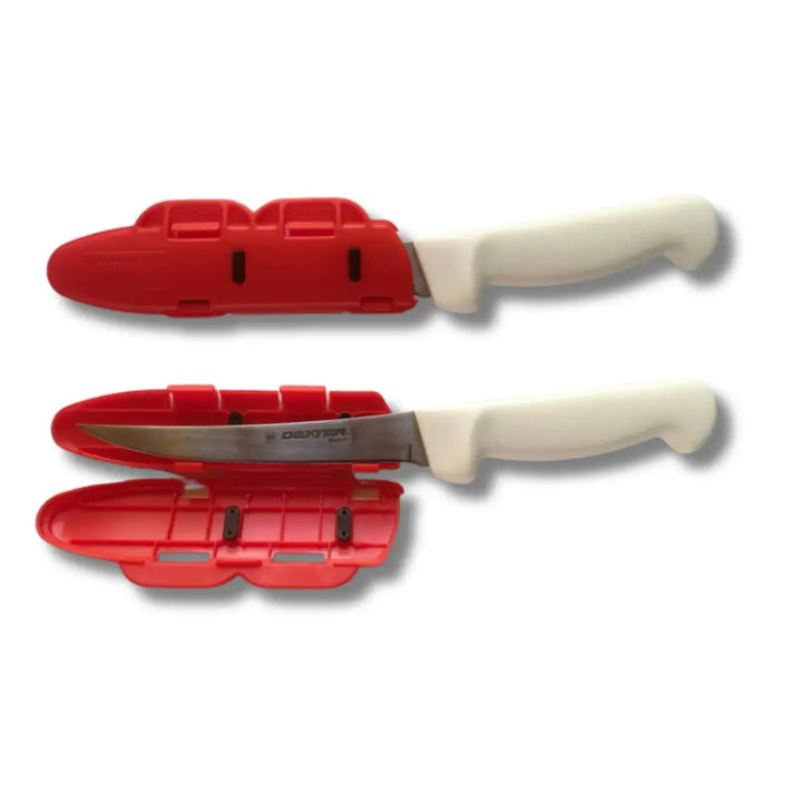 Blade guard™ 6 inch knife blade edge protector with red plastic sheath white handle and stainless steel blade for secure storage
