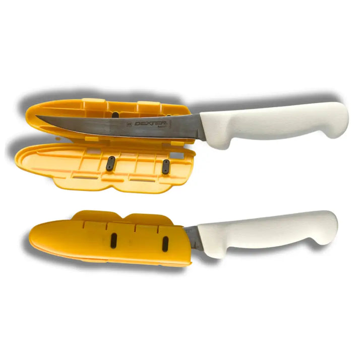 Yellow plastic blade guard with white handle and stainless steel knife edge protector by dexter